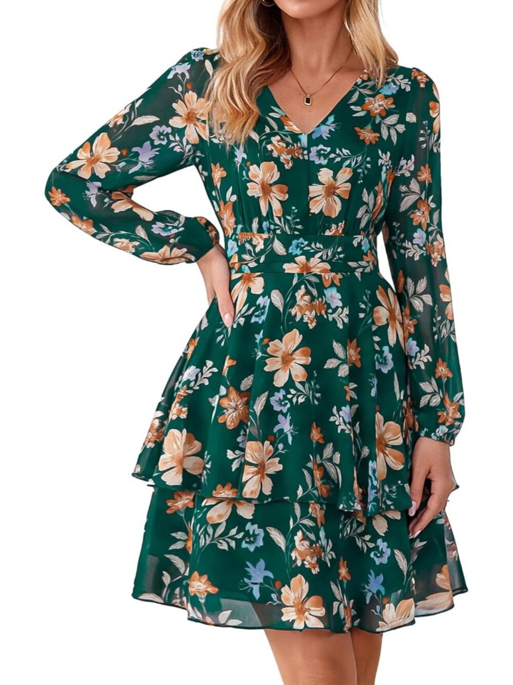 〽️Women’s Green Yellow Boho Floral Dress Long Sleeve Empire Waist Ruffle